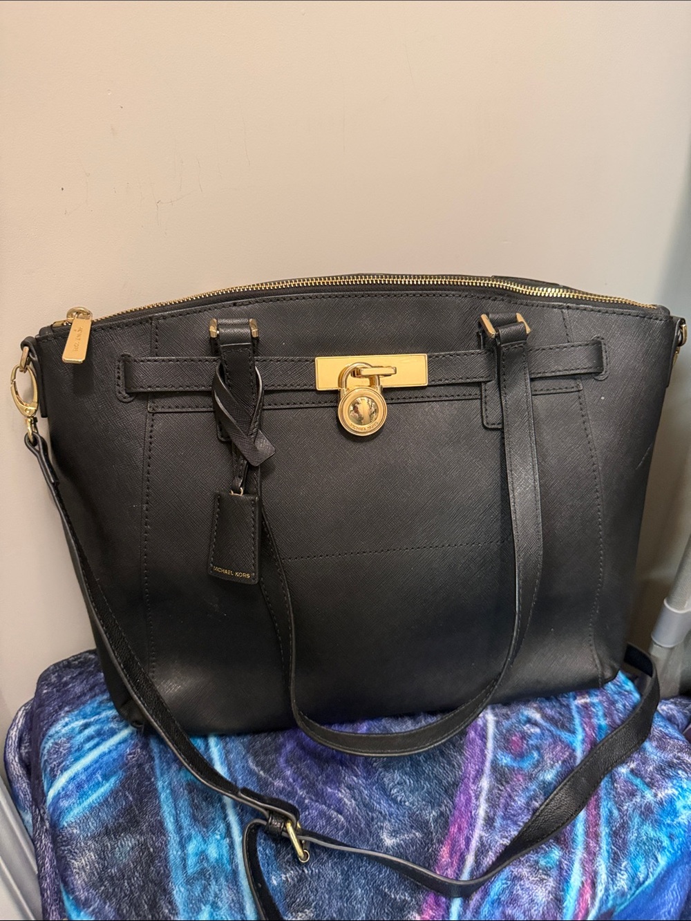 Michael Kors Black Leather Tote with Gold-Tone Lock